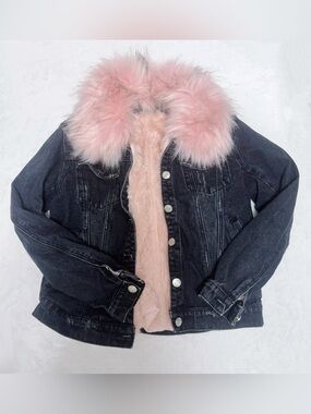 Black Denim Jacket with Pink Faux Fur Lining and Collar